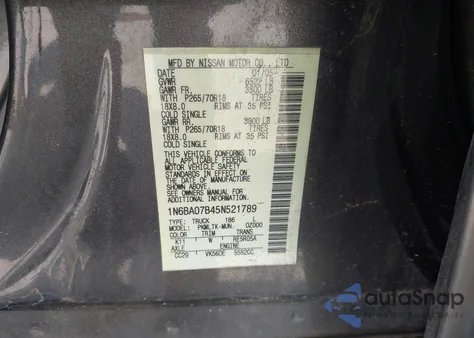 2005 Nissan Titan Se z USA, uszkodzony, nr VIN 1N6BA07B45N521789